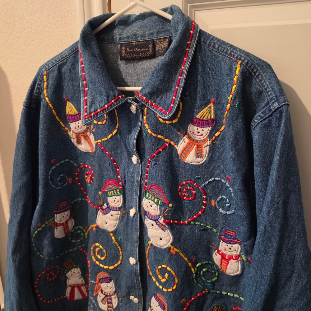New Direction Womens XL Denim Snowman Embroidered Jacket Holiday Festive Blue